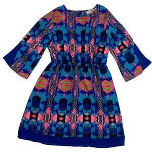 GB Girls Multicolor Tribal Print Dress 3/4 Sleeve Elastic Waist Lined Keyhole 6X